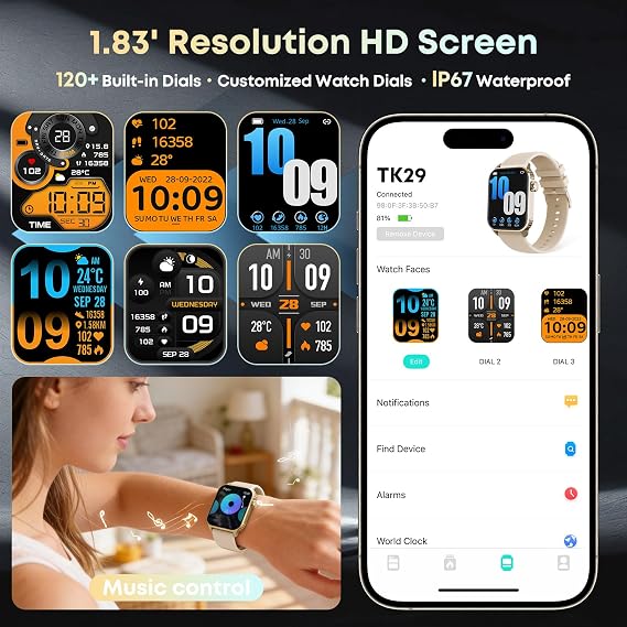 Smart Watches for Women, 120 Sports Modes Smartwatch with 1.83 inches HD Display, Heart Rate/Sleep Monitor, IP67 Waterproof, Bluetooth Call & Music Control for iPhone/Android Rose Gold